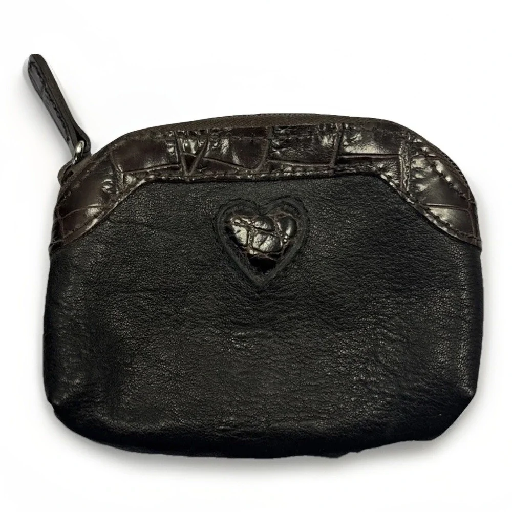Vtg Brighton Black Leather Zip Coin Change Purse/ Croc Trim And Heart‎